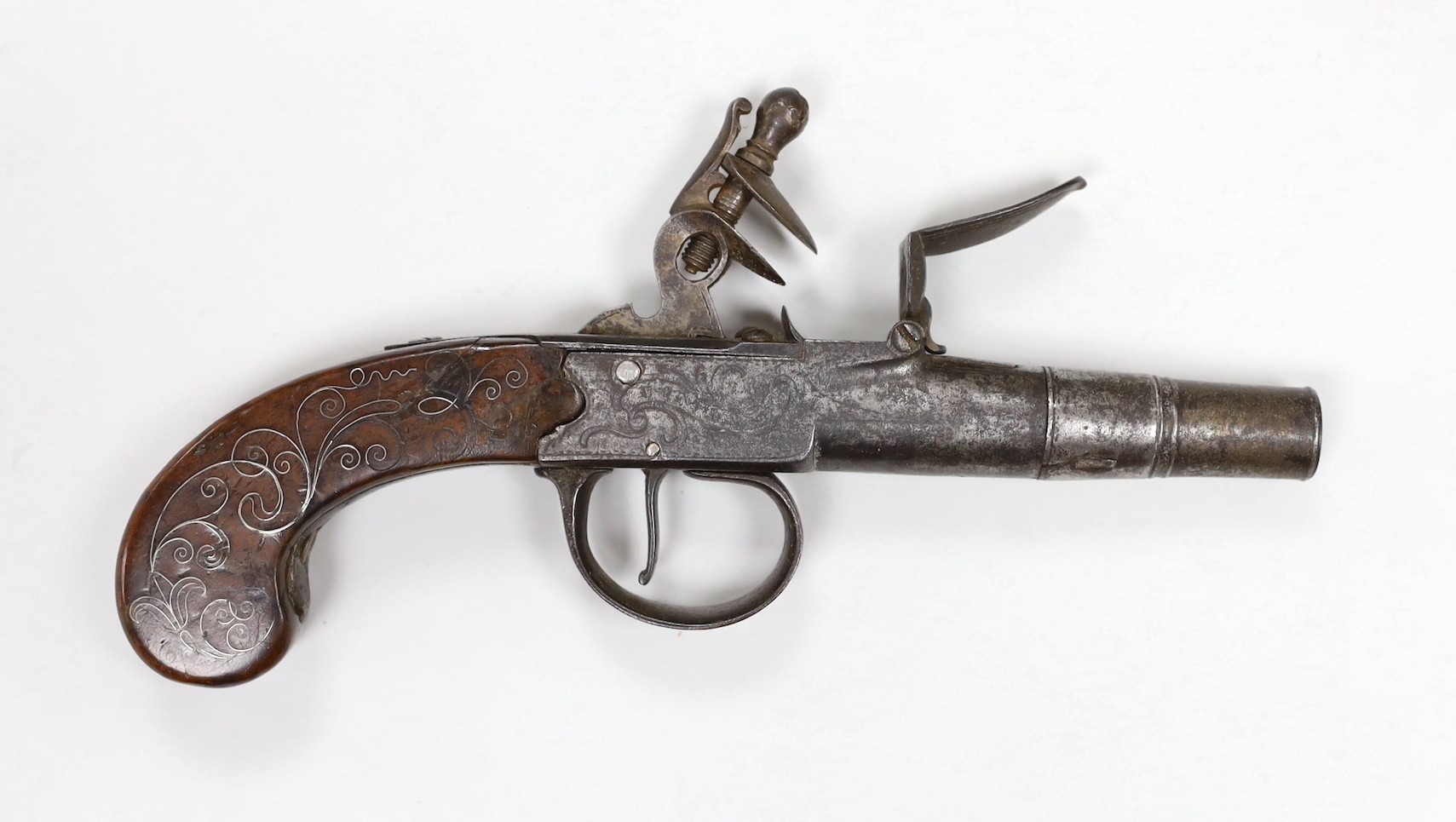 A Georgian flintlock pistol, the lock engraved ‘Brooke London’ and receipt